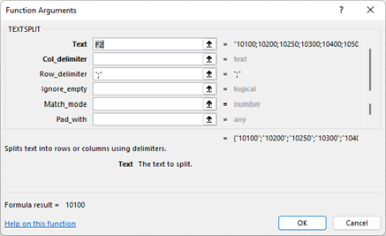 Textsplit formula dialog box